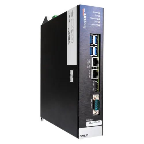 SMLC-e EtherCAT motion controller with compact wall-mount design and diagnostic LEDs
