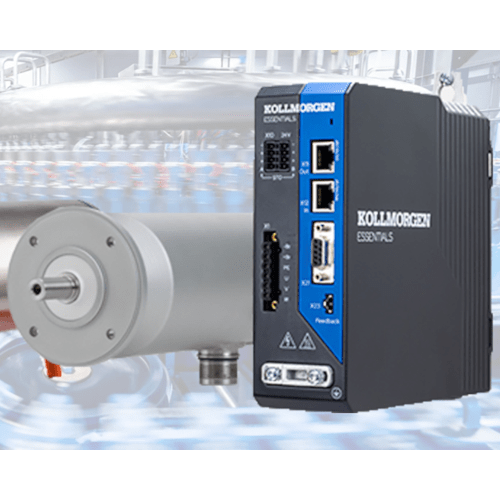 Kollmorgen Essentials servo drive with AKMA stainless‑steel servo motor in industrial automation setup