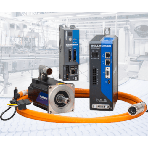 Kollmorgen Essentials PCMM2G controller and high‑voltage servo drive with AKM motor in an industrial automation environment